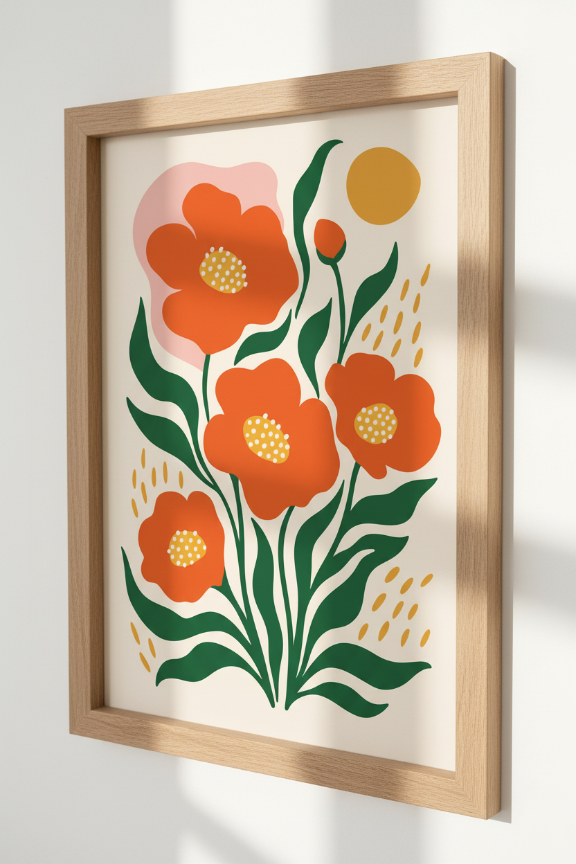 Abstract Orange Floral Wall Art Print | Mid-Century Modern Decor | Boho Flower Poster