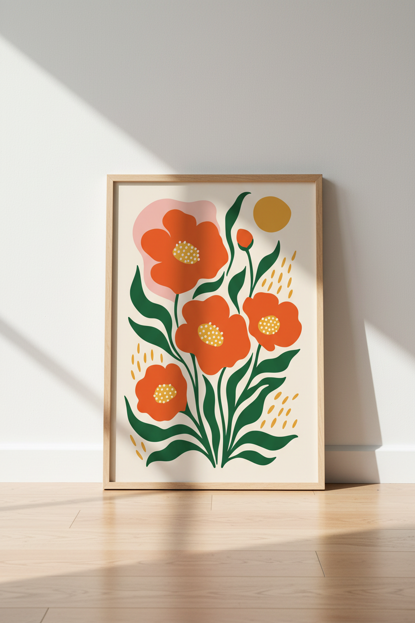 Abstract Orange Floral Wall Art Print | Mid-Century Modern Decor | Boho Flower Poster