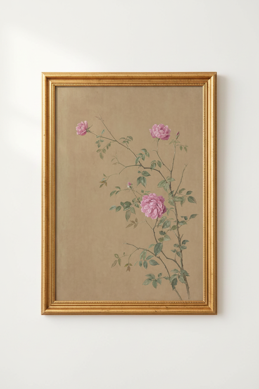 Vintage Botanical Pink Roses Wall Art Print | Living Room Decor | Romantic Poster