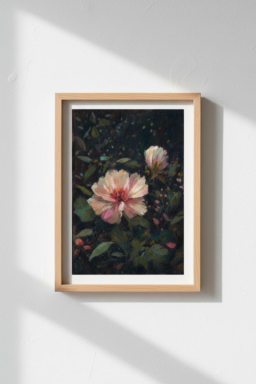 Floral wall art | Moody dark tones, pink petals | Living room decor