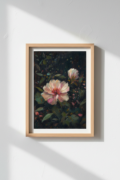Floral wall art | Moody dark tones, pink petals | Living room decor