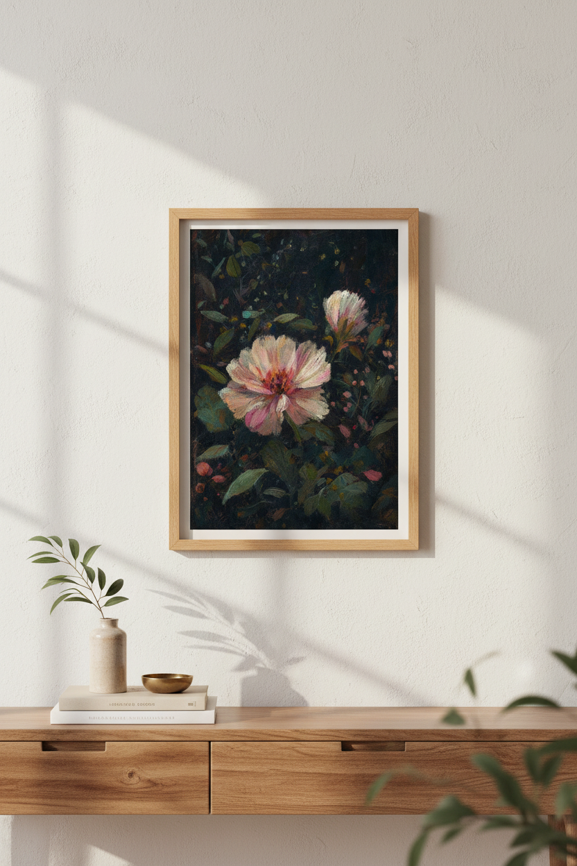 Floral wall art | Moody dark tones, pink petals | Living room decor