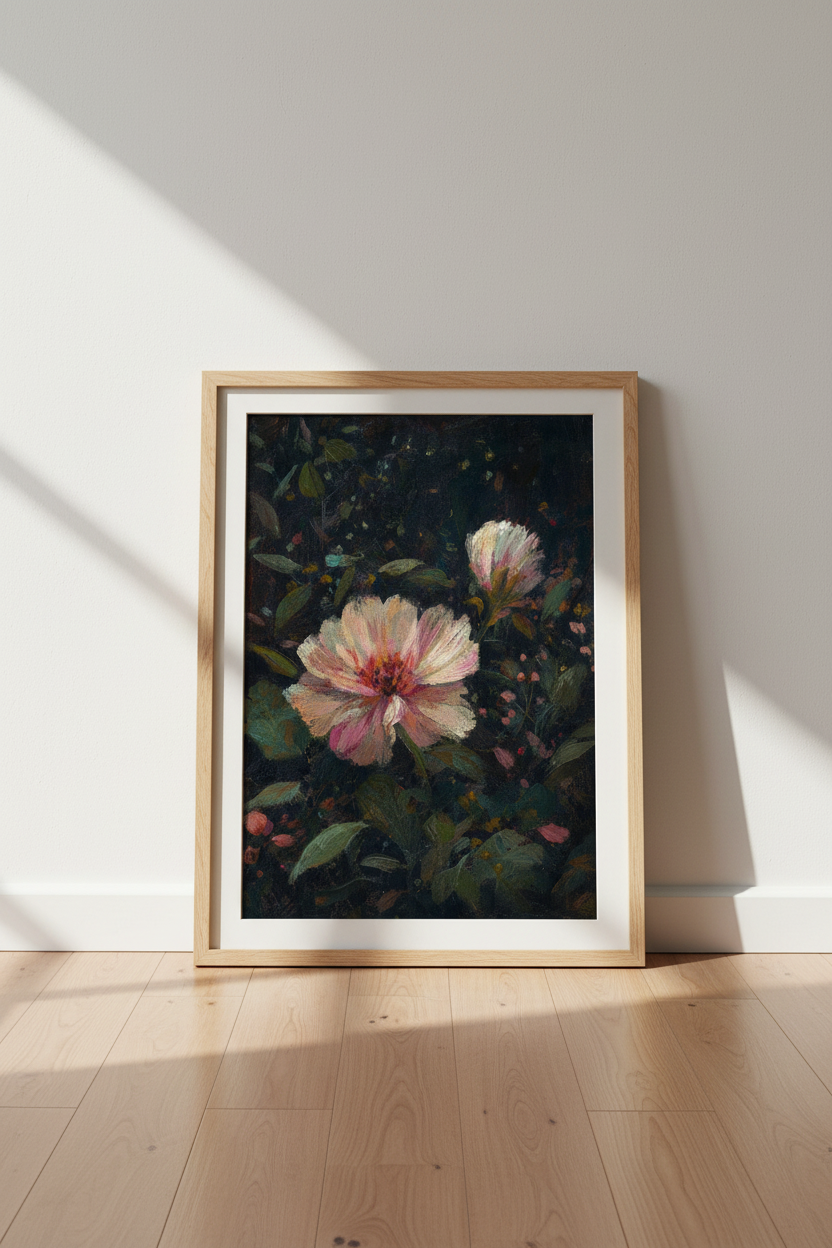 Floral wall art | Moody dark tones, pink petals | Living room decor