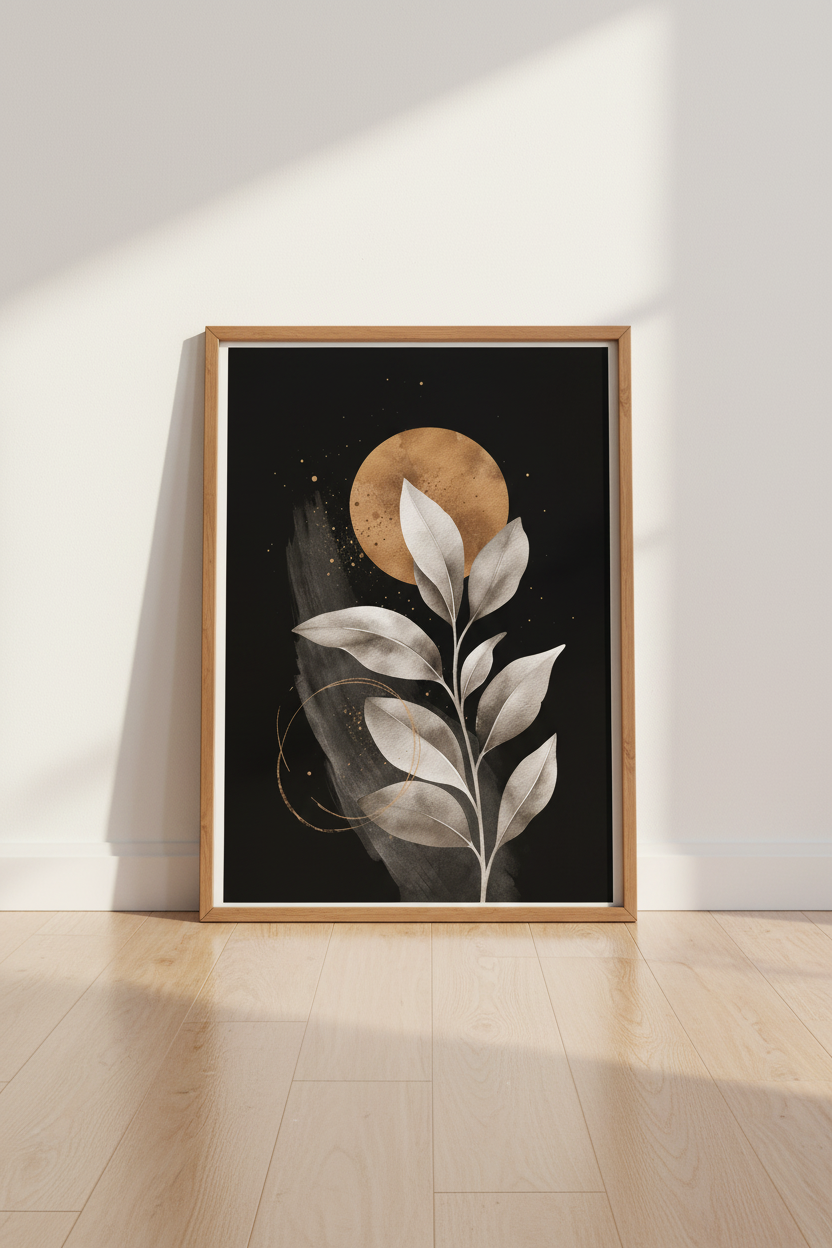 Boho Botanical Moon Wall Art | Gold Leaf Dark Aesthetic, Bedroom Poster