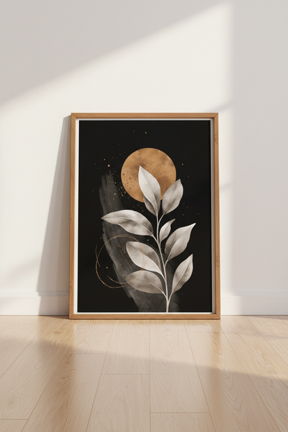 Boho Botanical Moon Wall Art | Gold Leaf Dark Aesthetic, Bedroom Poster