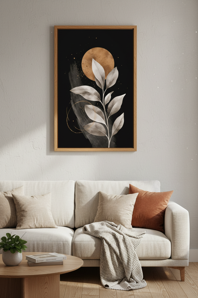 Boho Botanical Moon Wall Art | Gold Leaf Dark Aesthetic, Bedroom Poster