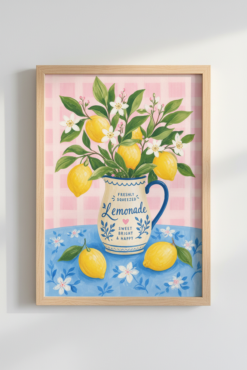 Citrus Lemon Wall Art Print | Pink Gingham Kitchen Decor | Cottagecore Poster