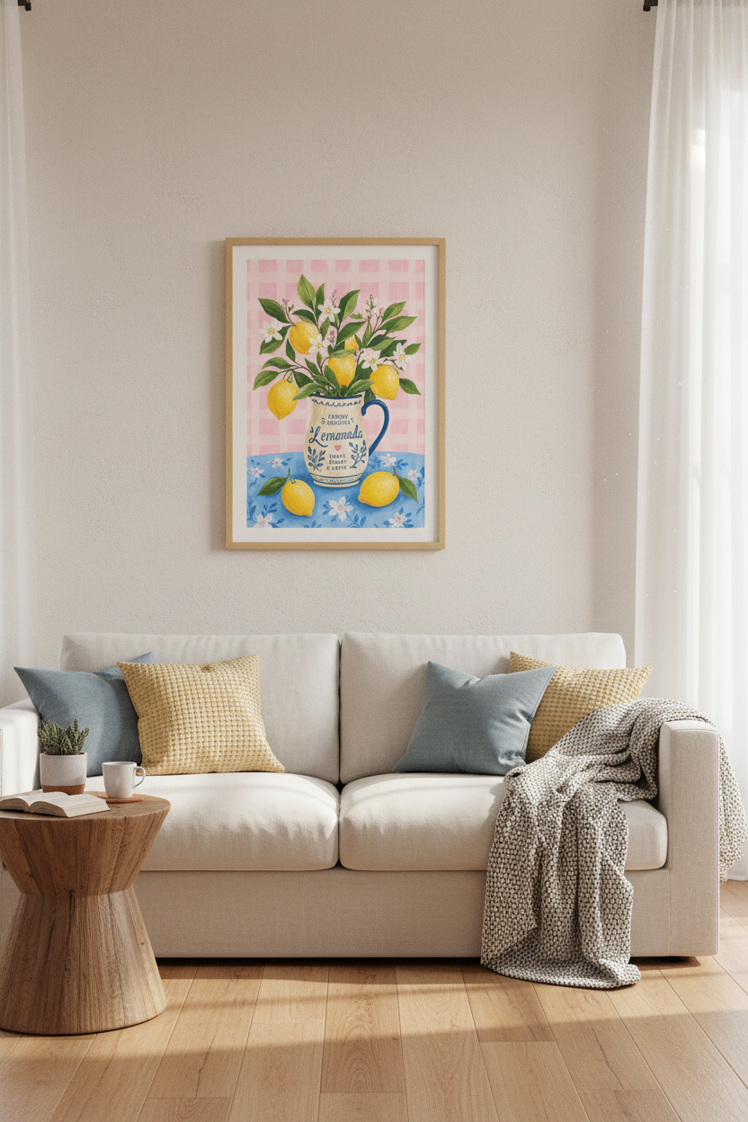 Citrus Lemon Wall Art Print | Pink Gingham Kitchen Decor | Cottagecore Poster