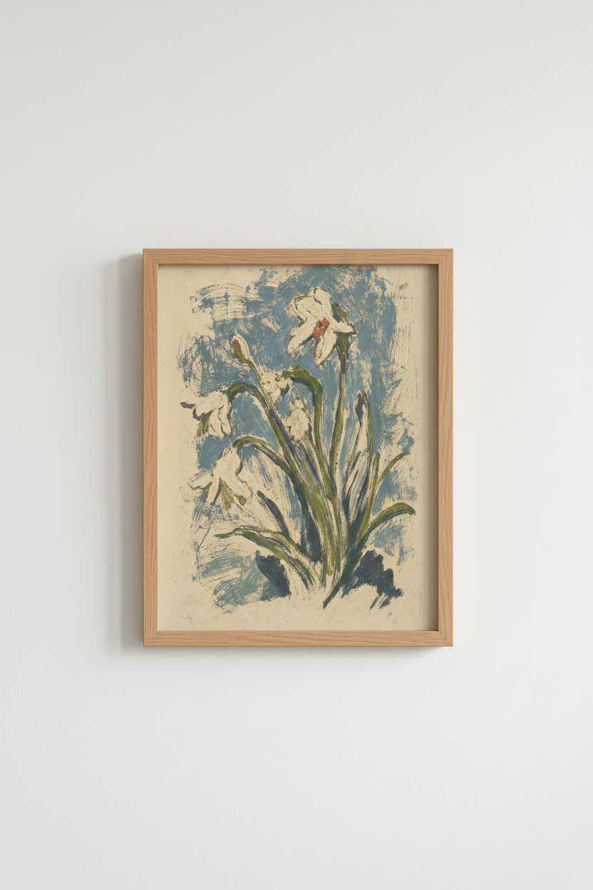 Botanical iris print | Impressionist blues, beige tones | Living room decor