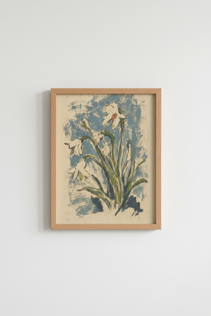 Botanical iris print | Impressionist blues, beige tones | Living room decor