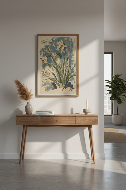 Botanical iris print | Impressionist blues, beige tones | Living room decor