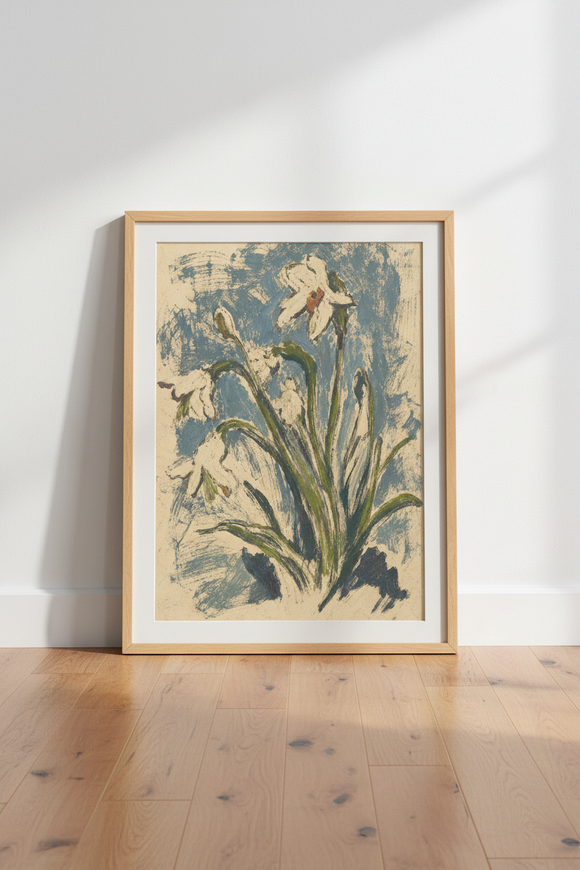 Botanical iris print | Impressionist blues, beige tones | Living room decor
