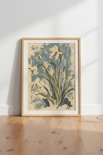 Botanical iris print | Impressionist blues, beige tones | Living room decor