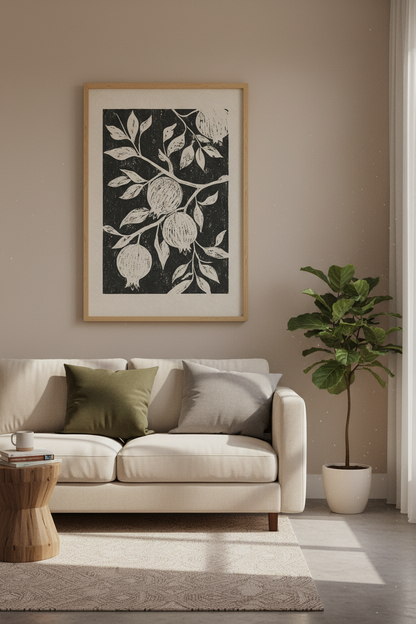Pomegranate Linocut Wall Art Print | Kitchen Decor | Minimalist Botanical Poster