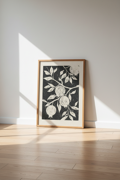 Pomegranate Linocut Wall Art Print | Kitchen Decor | Minimalist Botanical Poster