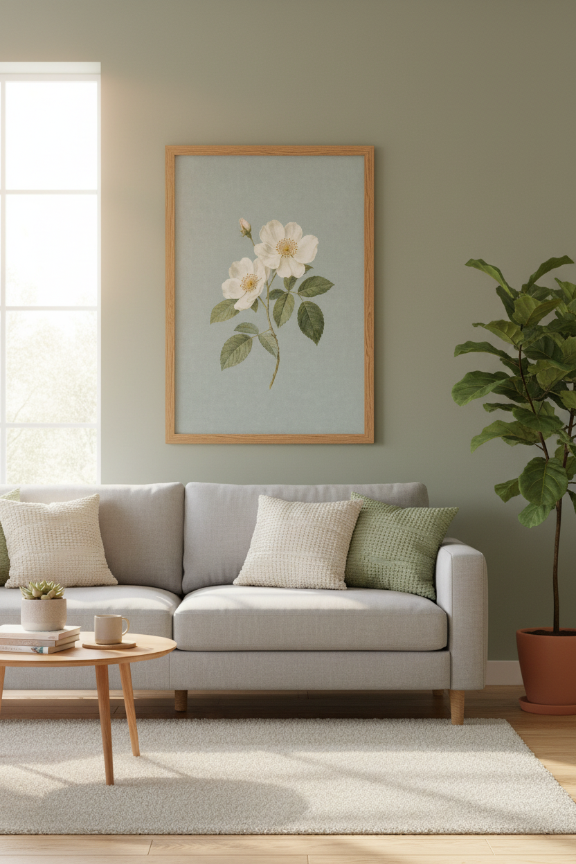 Vintage White Rose Botanical Wall Art | Sage Blue Floral Decor | Farmhouse Poster