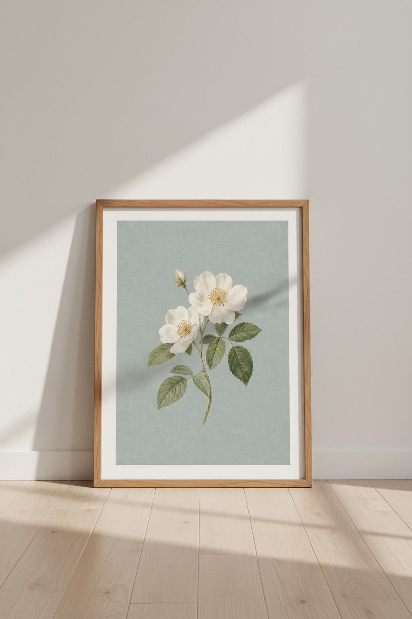 Vintage White Rose Botanical Wall Art | Sage Blue Floral Decor | Farmhouse Poster