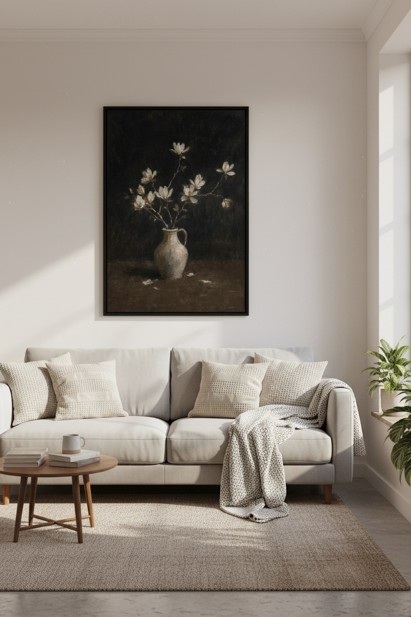 Moody Floral Vase Oil Painting | Dark Vintage Wall Art, Bedroom Still Life Poster