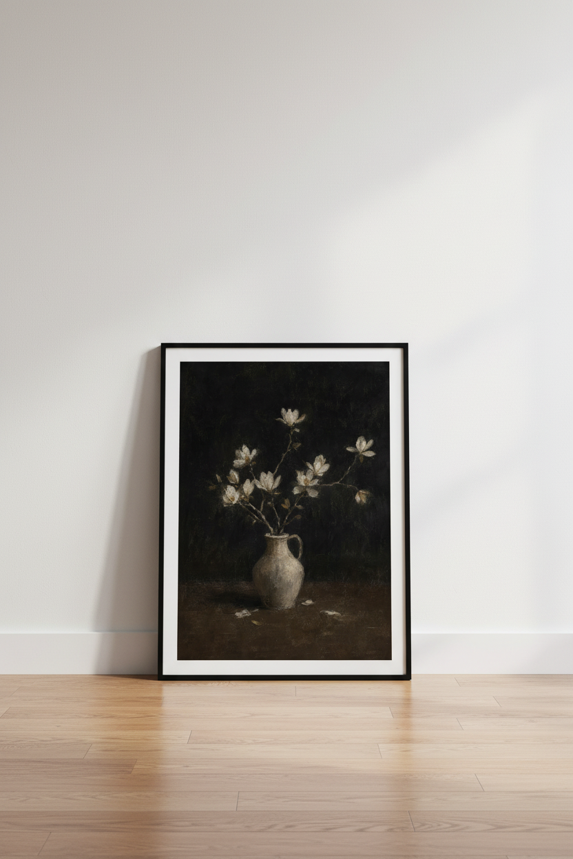 Moody Floral Vase Oil Painting | Dark Vintage Wall Art, Bedroom Still Life Poster