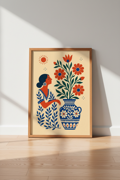 Folk Floral Woman Print | Mediterranean Blue &amp; Terra Cotta, Boho Living Room Decor