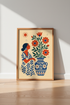 Folk Floral Woman Print | Mediterranean Blue & Terra Cotta, Boho Living Room Decor