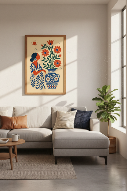 Folk Floral Woman Print | Mediterranean Blue &amp; Terra Cotta, Boho Living Room Decor