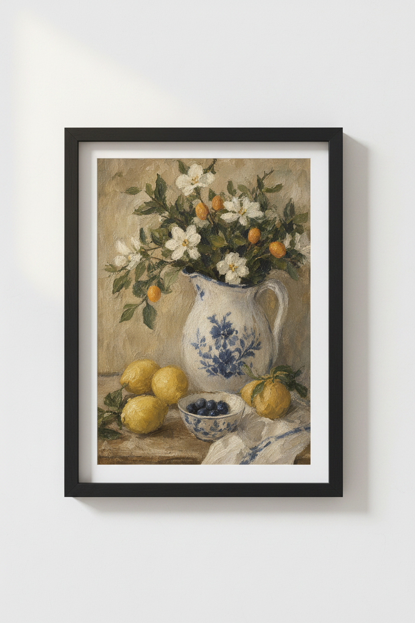Lemon Still Life Floral Wall Art | Vintage Kitchen Decor | Mediterranean Oil Style Poster