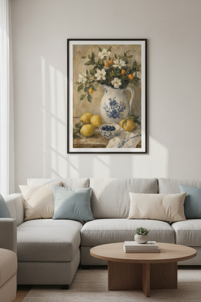 Lemon Still Life Floral Wall Art | Vintage Kitchen Decor | Mediterranean Oil Style Poster