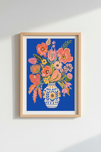 Floral poster print | Bold bouquet on blue backdrop | Living room decor