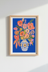 Floral poster print | Bold bouquet on blue backdrop | Living room decor