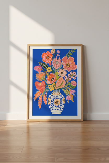Floral poster print | Bold bouquet on blue backdrop | Living room decor