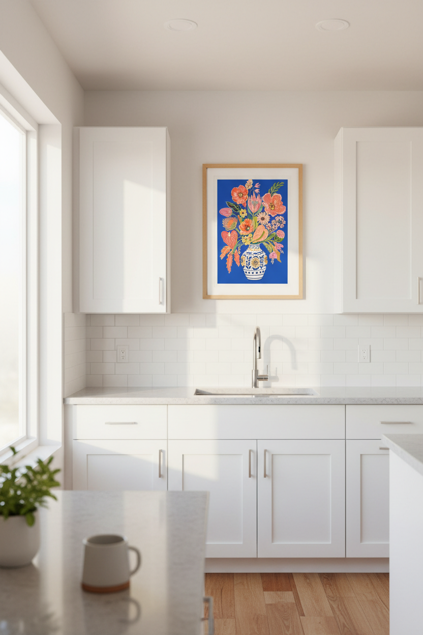 Floral poster print | Bold bouquet on blue backdrop | Living room decor