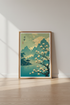 Japanese Landscape Wall Art | Teal Mountain & Magnolia Print, Zen Home Decor