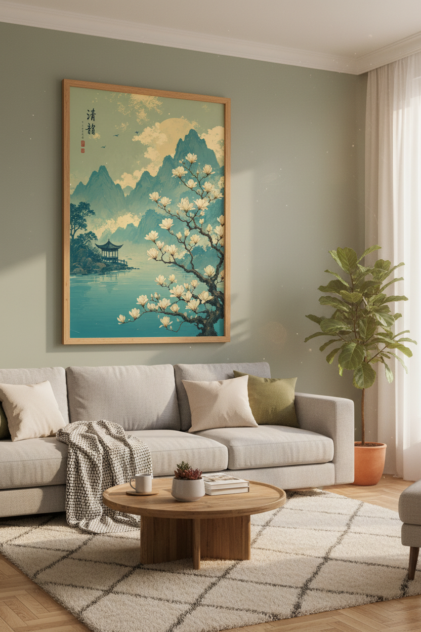 Japanese Landscape Wall Art | Teal Mountain &amp; Magnolia Print, Zen Home Decor