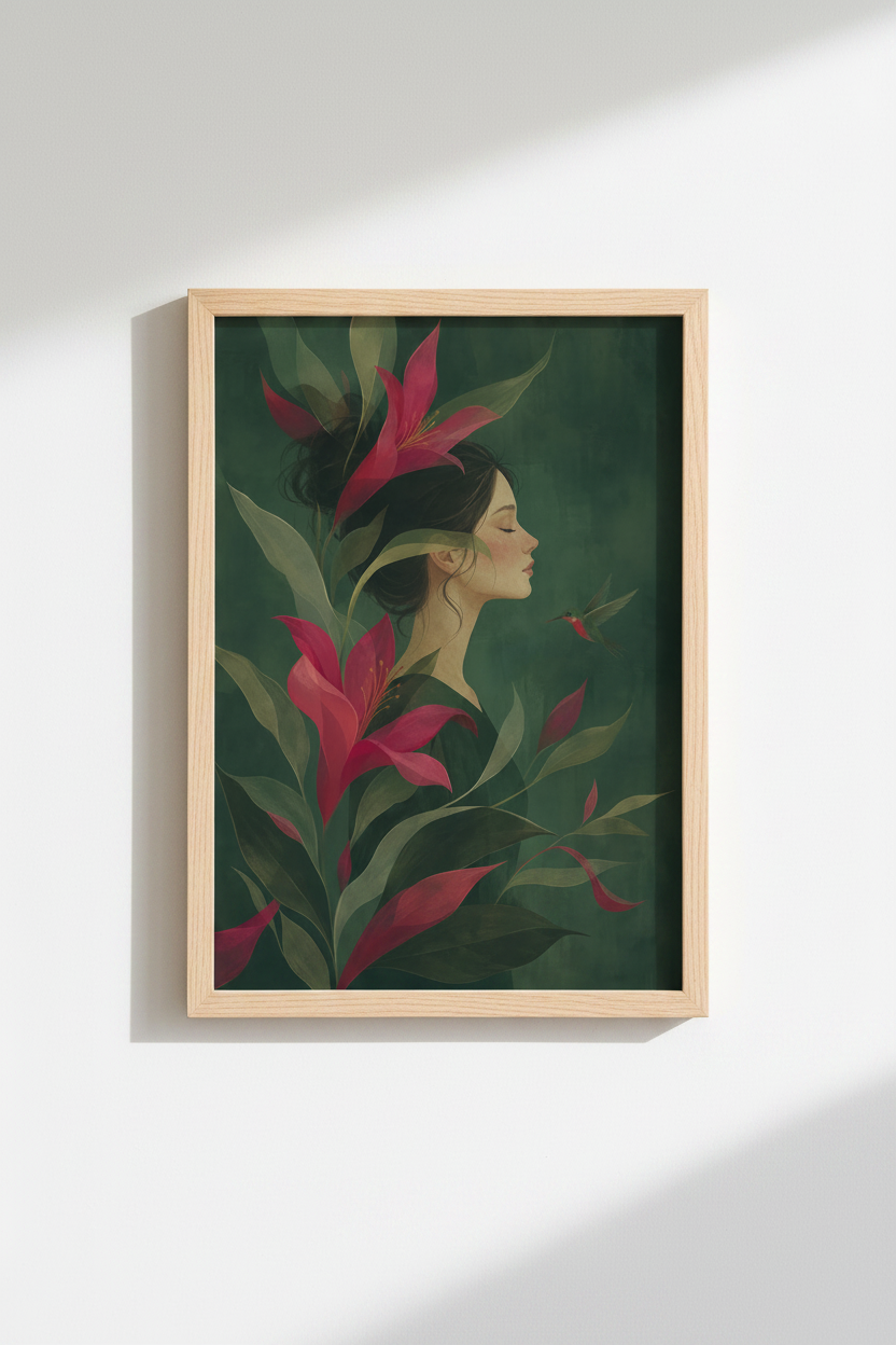 botanical wall art | Deep emeralds, blush accents, Living Room Decor