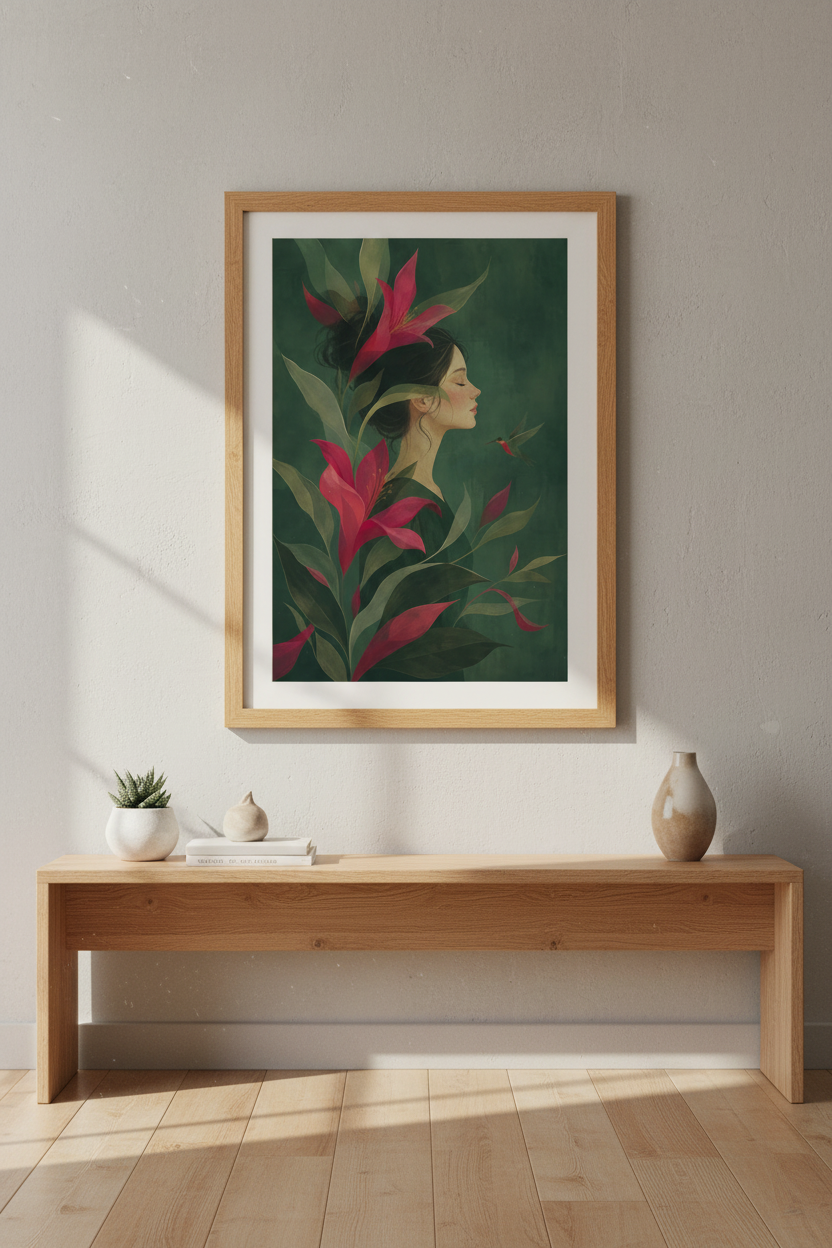 botanical wall art | Deep emeralds, blush accents, Living Room Decor