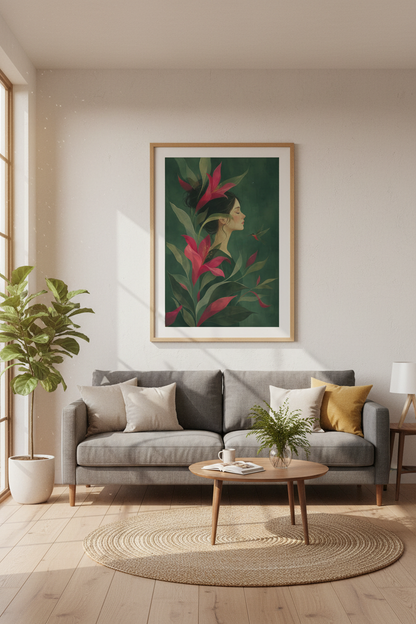 botanical wall art | Deep emeralds, blush accents, Living Room Decor