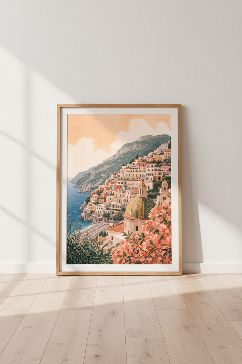 Amalfi Coast Positano Landscape Art | Mediterranean Pastel Decor, Coastal Travel Poster