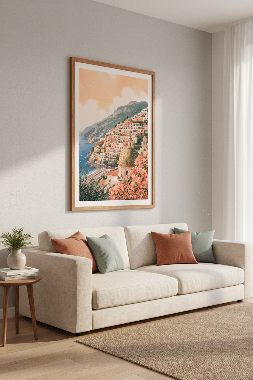 Amalfi Coast Positano Landscape Art | Mediterranean Pastel Decor, Coastal Travel Poster