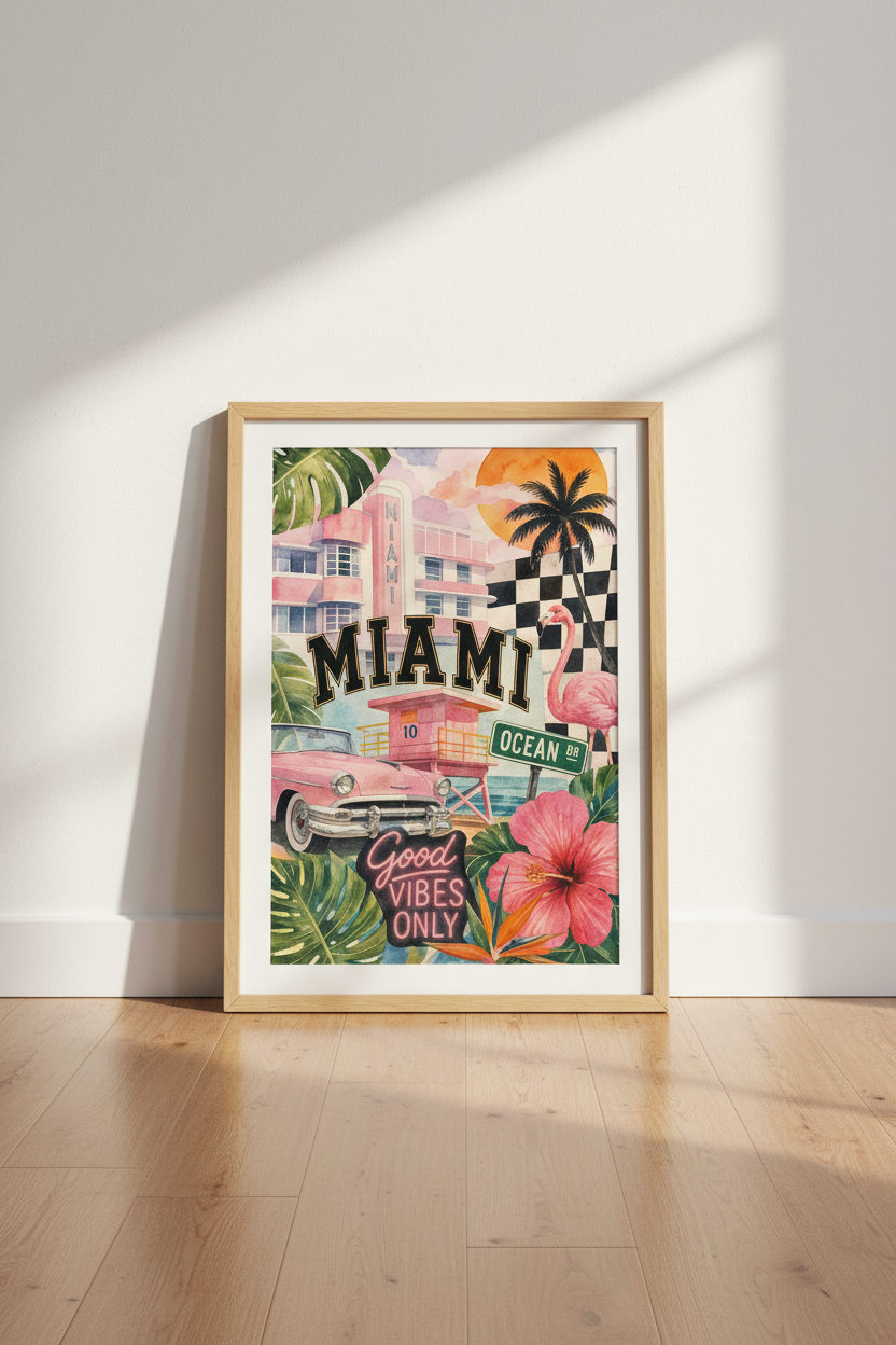 Miami Beach Wall Art Print | Retro Art Deco Decor | Tropical Aesthetic Poster