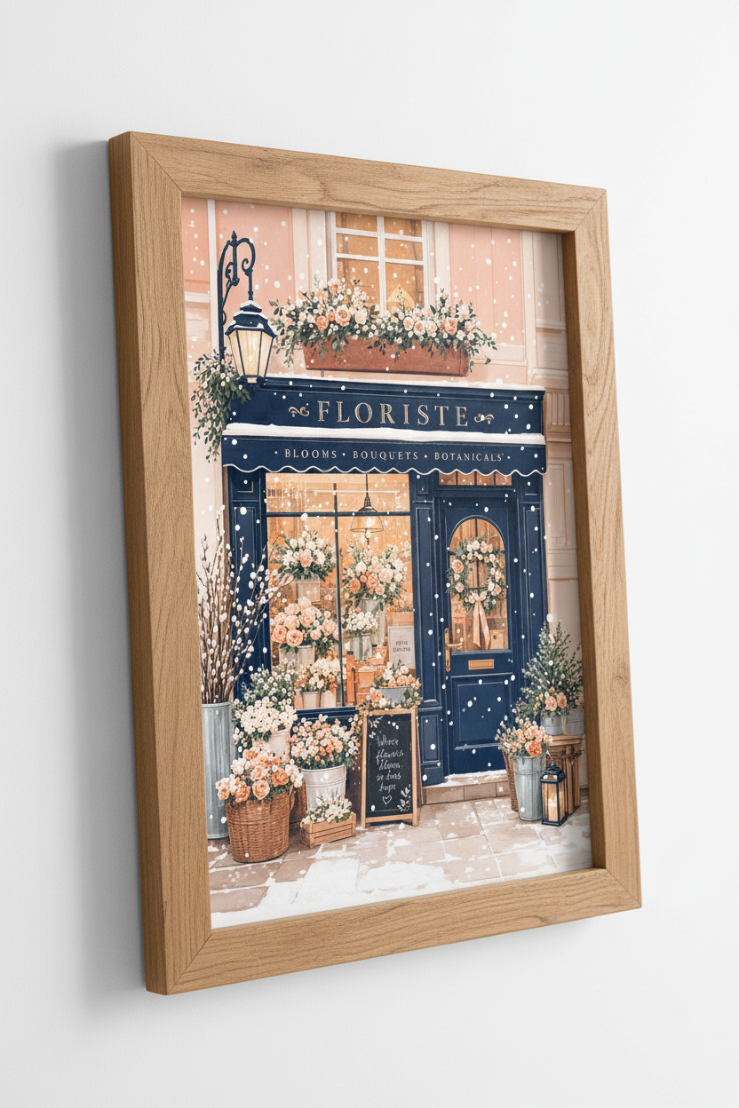 French Florist Shop Wall Art | Navy &amp; Peach Winter Poster, Paris Decor