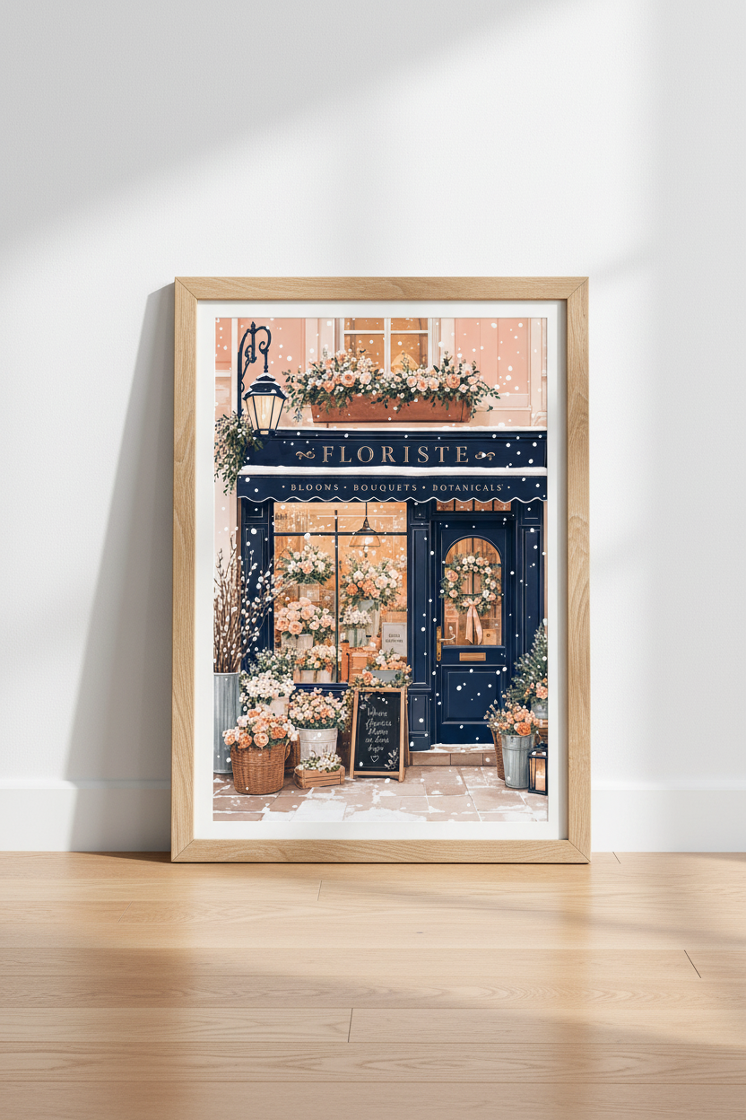 French Florist Shop Wall Art | Navy &amp; Peach Winter Poster, Paris Decor