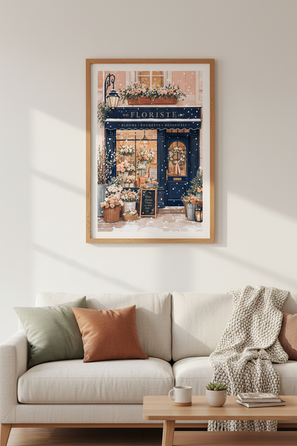 French Florist Shop Wall Art | Navy &amp; Peach Winter Poster, Paris Decor