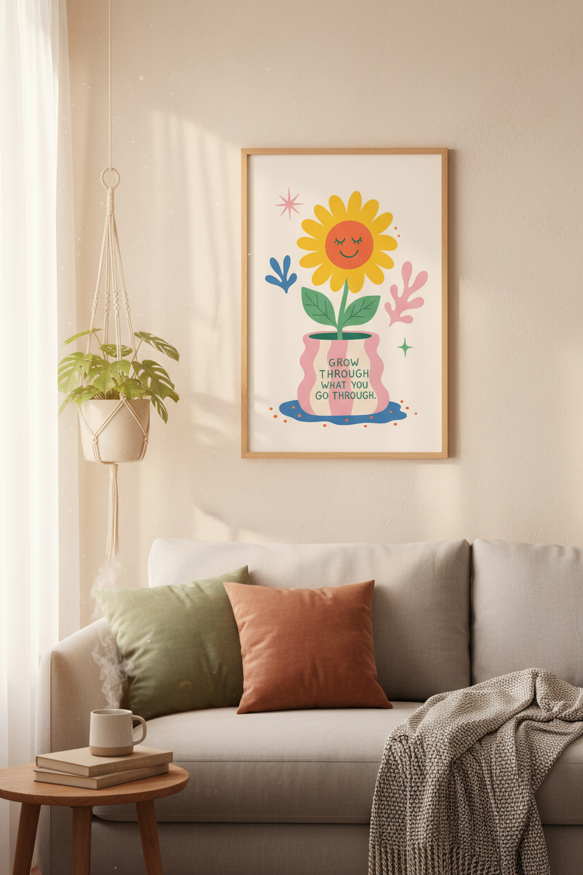 Smiling Flower Wall Art | Positive Quote Pastel Poster, Colorful Home Decor