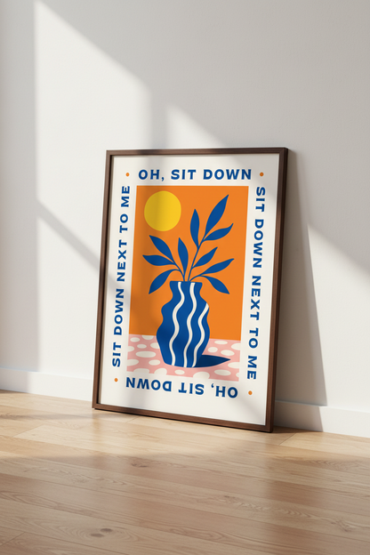 Sit Down Next To Me Art Print | Orange and Blue Botanical | Modern Living Room Decor