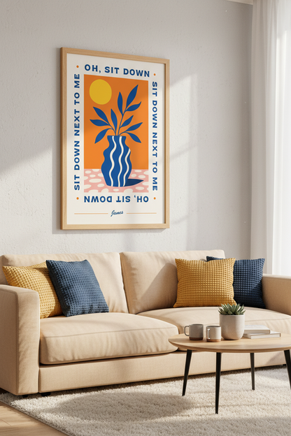 Sit Down Next To Me Art Print | Orange and Blue Botanical | Modern Living Room Decor