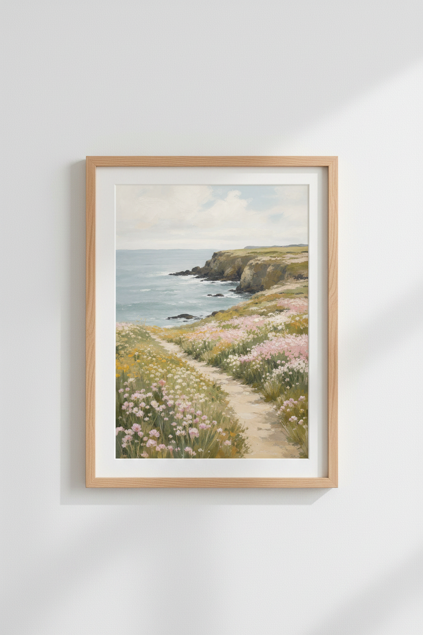 Coastal Landscape Print | Wildflower Ocean Path Poster, Beach House Wall Art