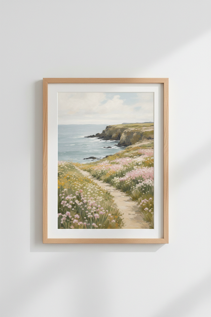 Coastal Landscape Print | Wildflower Ocean Path Poster, Beach House Wall Art