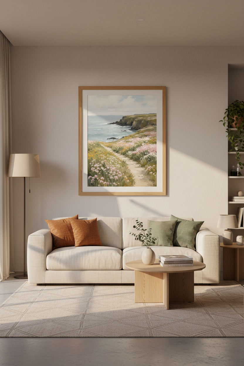 Coastal Landscape Print | Wildflower Ocean Path Poster, Beach House Wall Art