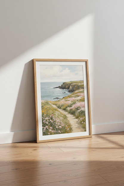 Coastal Landscape Print | Wildflower Ocean Path Poster, Beach House Wall Art